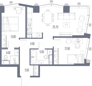 Планировка: 2-комнатная, 71,8 м²