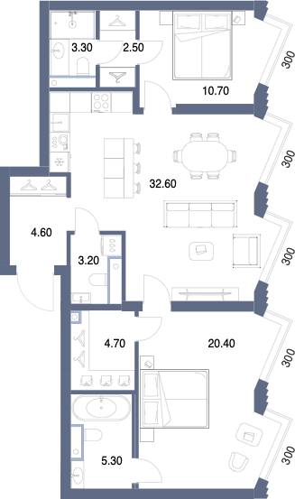 Планировка: 2-комнатная, 87,3 м²