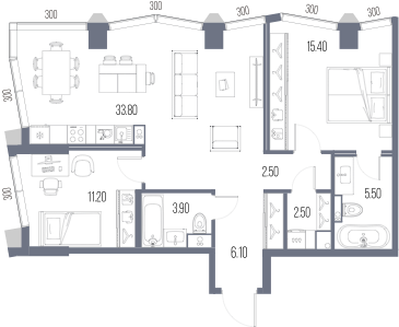 Планировка: 2-комнатная, 80,9 м²