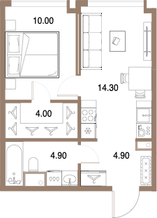 Планировка: 1-комнатная, 38,1 м²