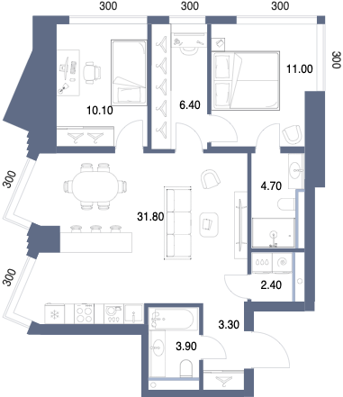 Планировка: 2-комнатная, 73,6 м²