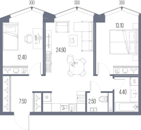 Планировка: 2-комнатная, 64,8 м²
