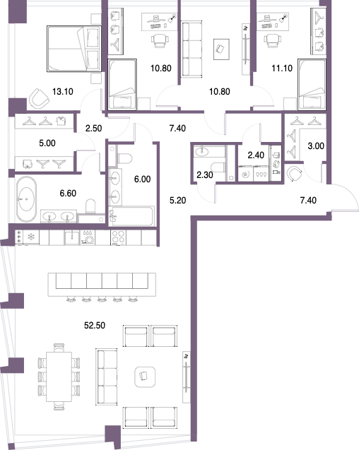 Планировка: 4-комнатная, 146,1 м²