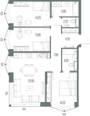 Планировка: 3-комнатная, 92,5 м²
