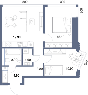 Планировка: 2-комнатная, 57,3 м²