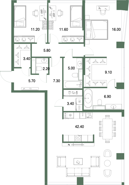 Планировка: 3-комнатная, 130 м²