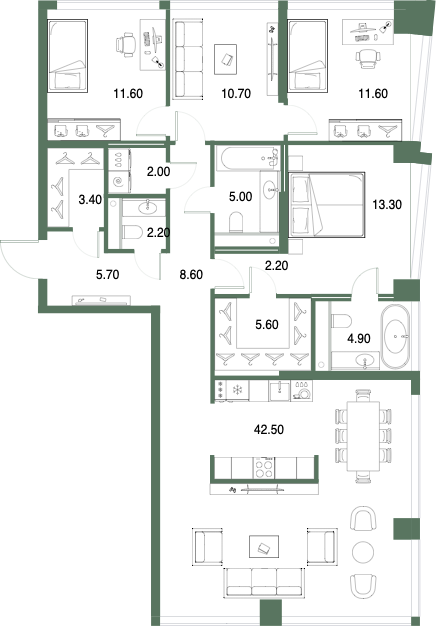Планировка: 3-комнатная, 129,3 м²