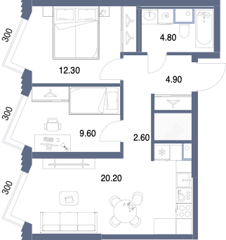 Планировка: 2-комнатная, 54,4 м²