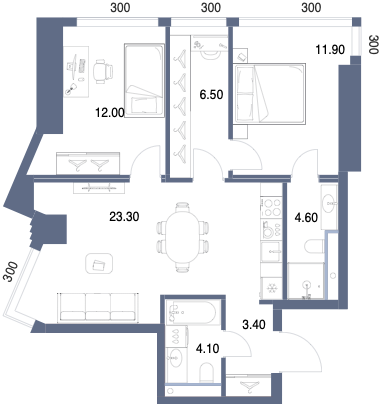 Планировка: 2-комнатная, 65,7 м²