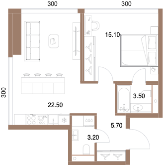 Планировка: 1-комнатная, 50 м²