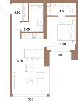 Планировка: 1-комнатная, 50,8 м²