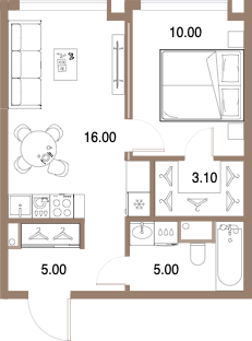 Планировка: 1-комнатная, 39,1 м²
