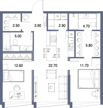 Планировка: 2-комнатная, 72,2 м²