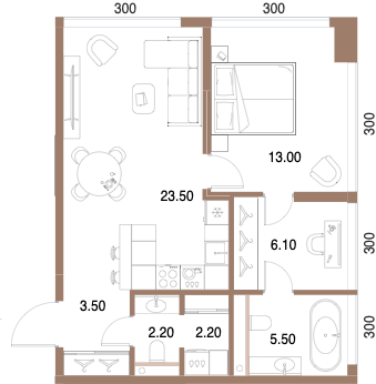 Планировка: 1-комнатная, 56 м²