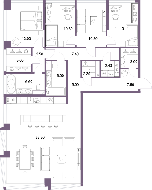 Планировка: 4-комнатная, 145,7 м²