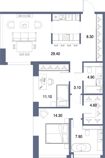 Планировка: 2-комнатная, 83,6 м²