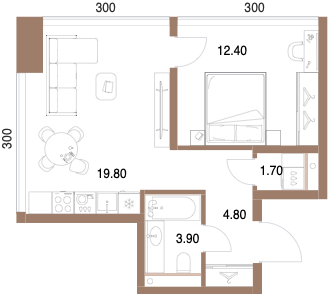 Планировка: 1-комнатная, 42,6 м²