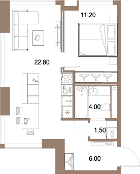 Планировка: 1-комнатная, 45,5 м²