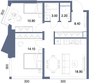 Планировка: 2-комнатная, 57,5 м²