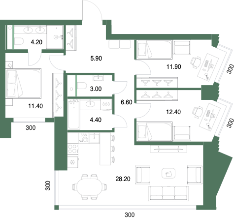 Планировка: 3-комнатная, 88 м²