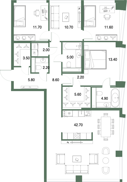 Планировка: 3-комнатная, 129,9 м²