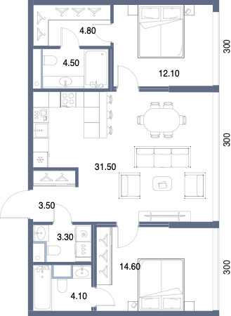 Планировка: 2-комнатная, 78,4 м²