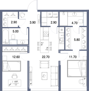 Планировка: 2-комнатная, 72,2 м²