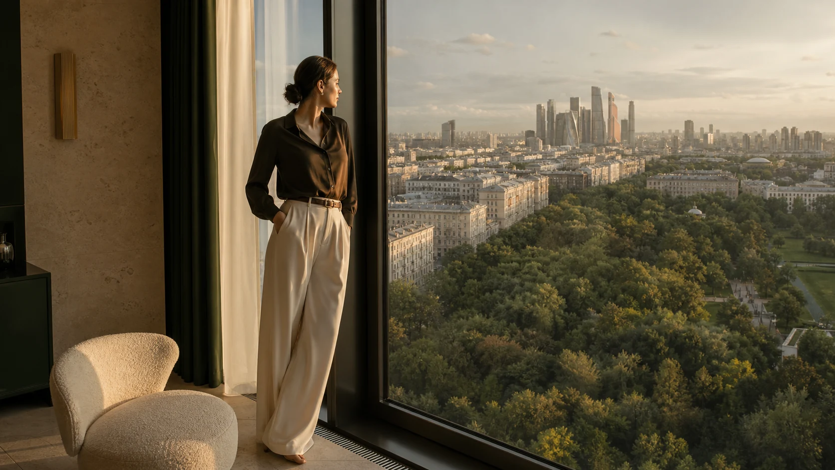 Концептуальная lifestyle-фотография женщины у панорамного окна с видом на Москву