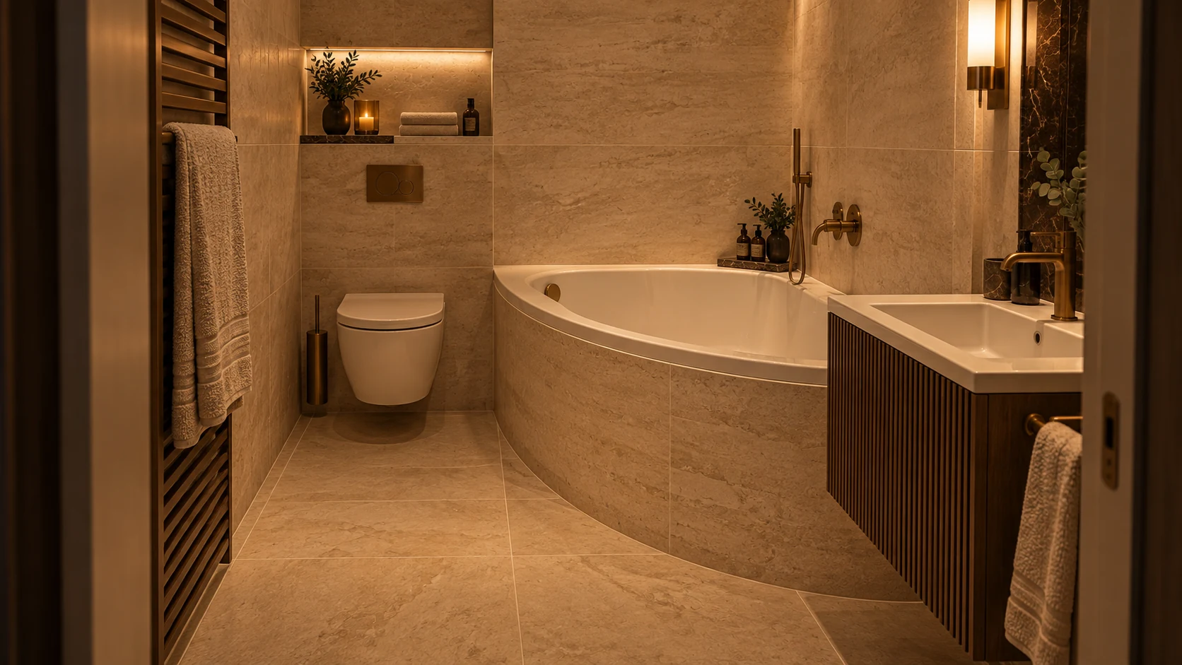 Интерьер ванной апартамента 54,8 м² в Deco Residence с угловой ванной