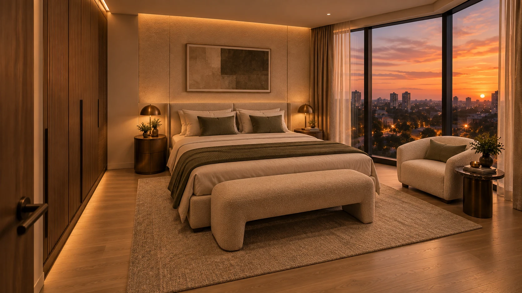 Интерьер спальни апартамента 54,8 м² в Deco Residence с угловым остеклением