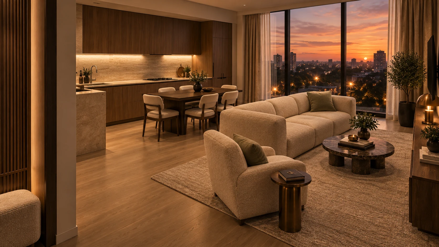 Интерьер кухни-гостиной апартамента 54,8 м² в Deco Residence в тёплом вечернем свете