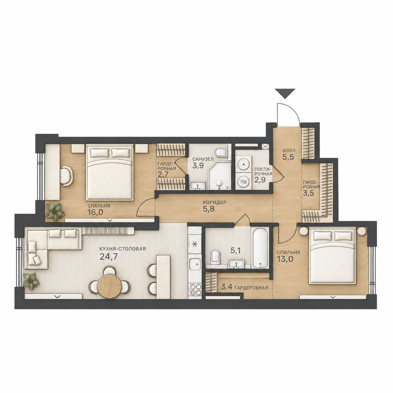 AI-иллюстрация 86,5 м². Материалы и меблировка показаны условно; официальный чертёж — в 2D.
