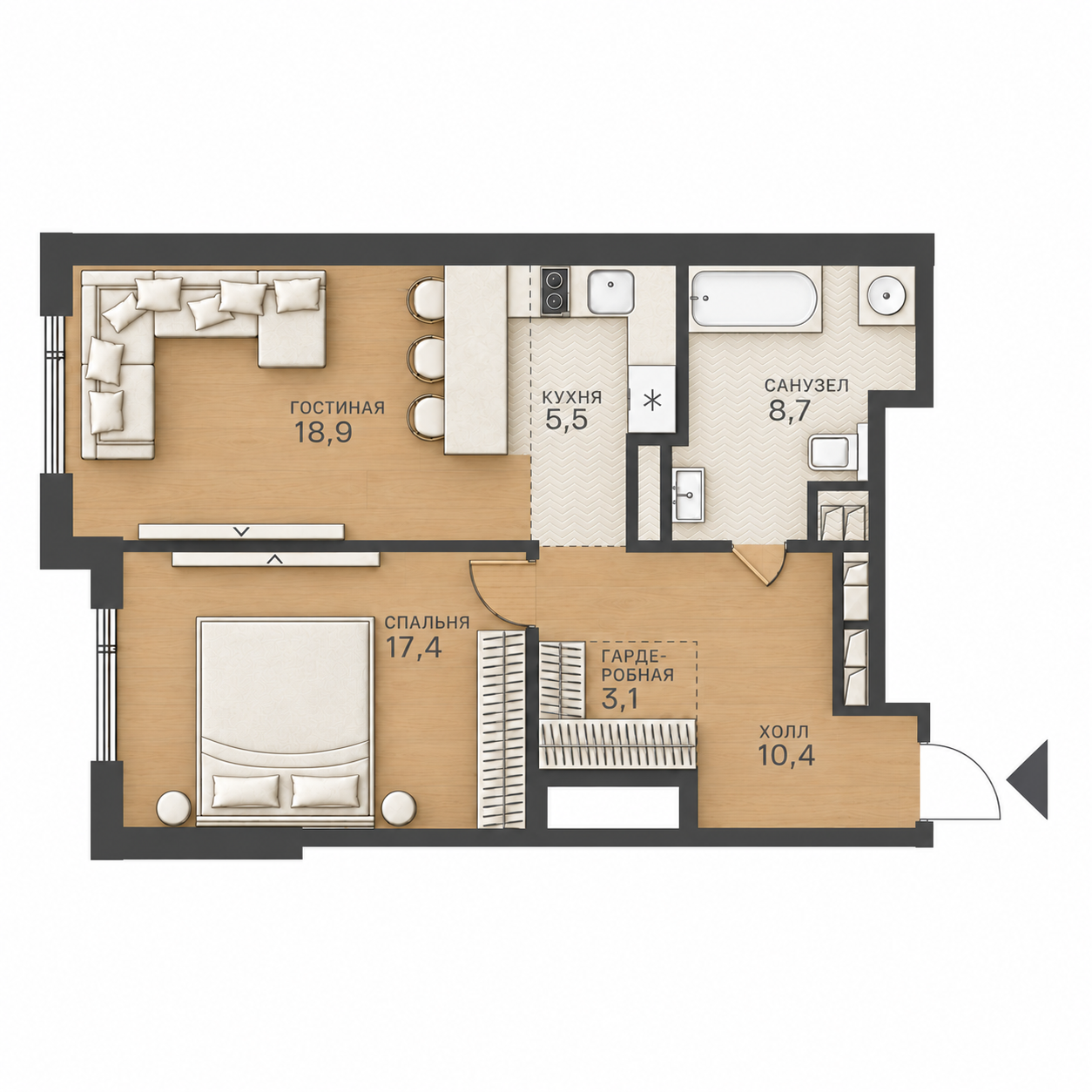 AI-иллюстрация 64,1 м². Материалы и меблировка показаны условно; официальный чертёж — в 2D.