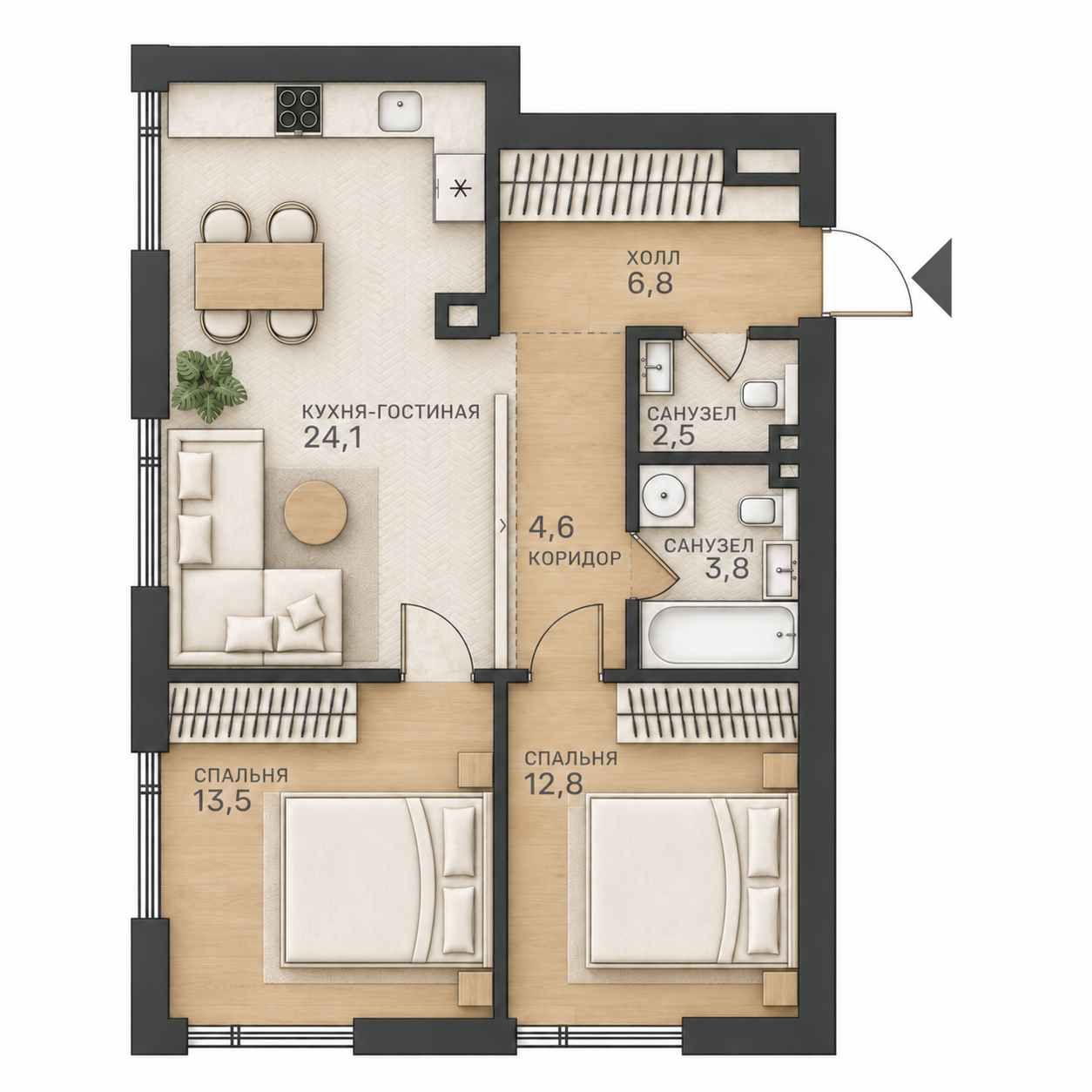AI-иллюстрация 68,1 м². Материалы и меблировка показаны условно; официальный чертёж — в 2D.