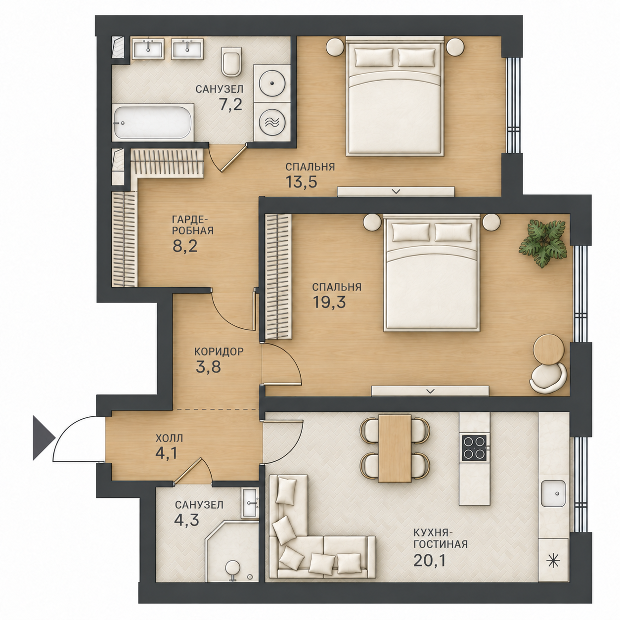 AI-иллюстрация 80,5 м². Материалы и меблировка показаны условно; официальный чертёж — в 2D.