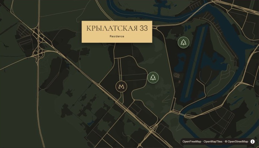 Карта Крылатской 33: метро и парки. OpenFreeMap / OpenStreetMap