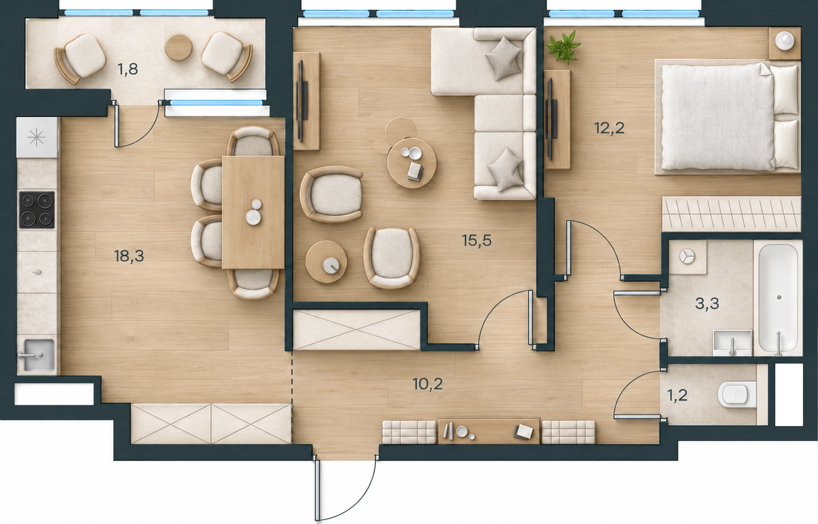 AI-иллюстрация 62,5 м². Материалы и меблировка показаны условно; официальный чертёж — в 2D.