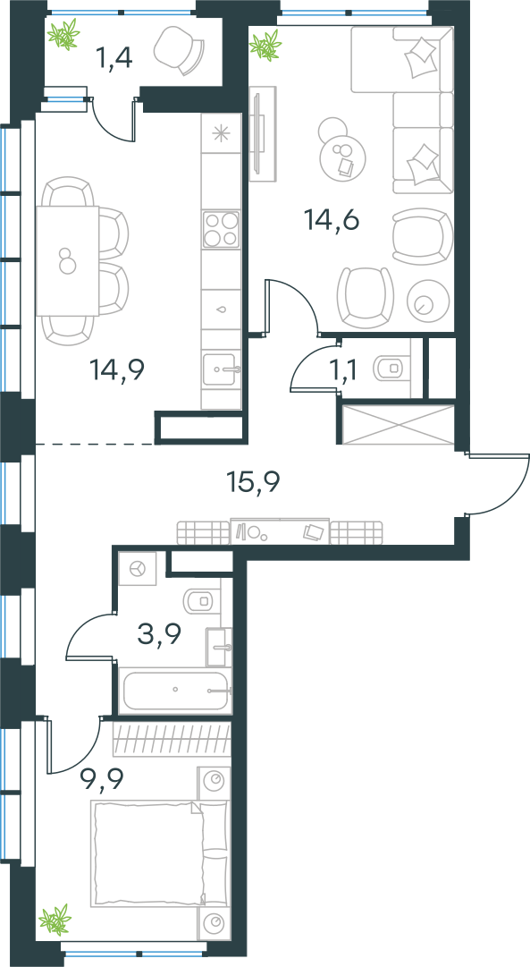 Официальная схема Левел Лесной, 61,7 м²