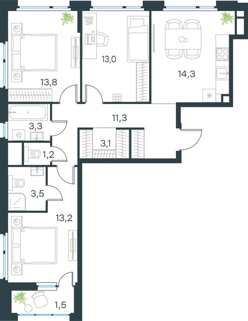 Официальная схема Левел Лесной, 78,2 м²