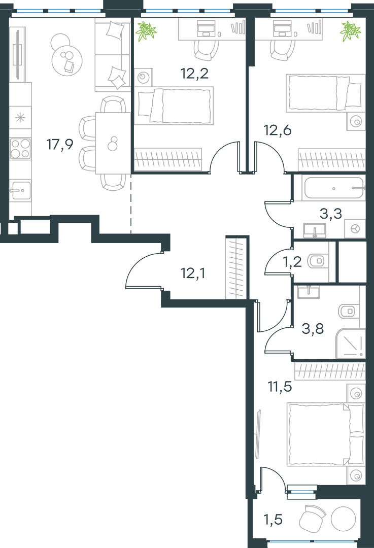 Официальная схема Левел Лесной, 76,1 м²