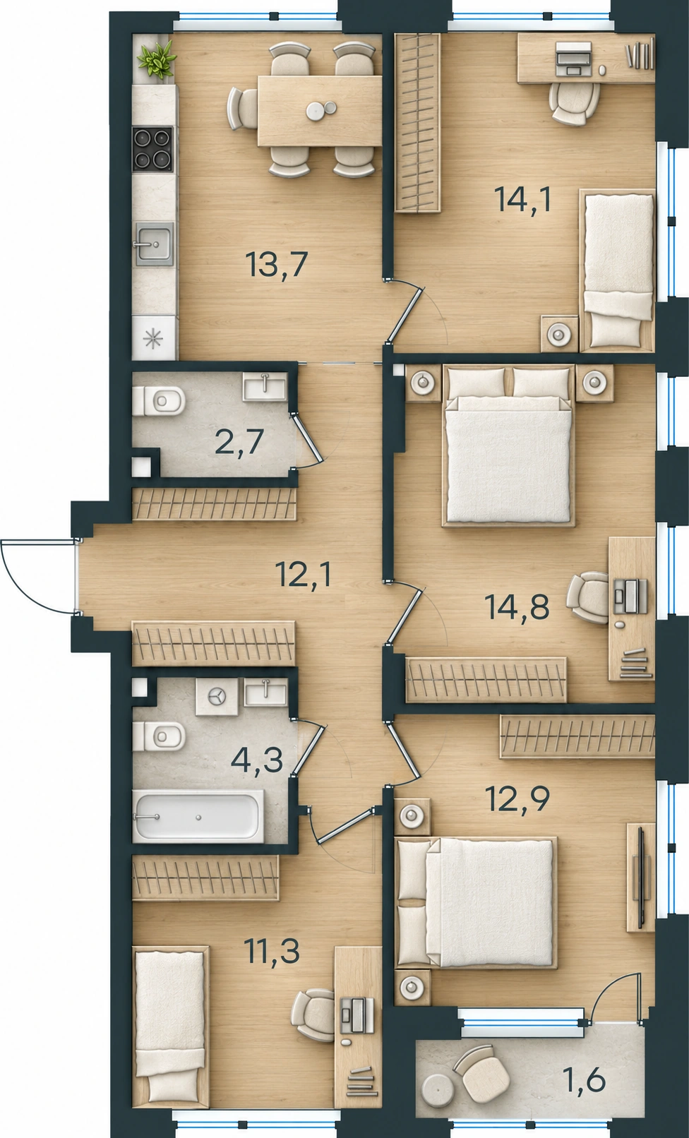 AI-иллюстрация 87,5 м². Материалы и меблировка показаны условно; официальный чертёж — в 2D.