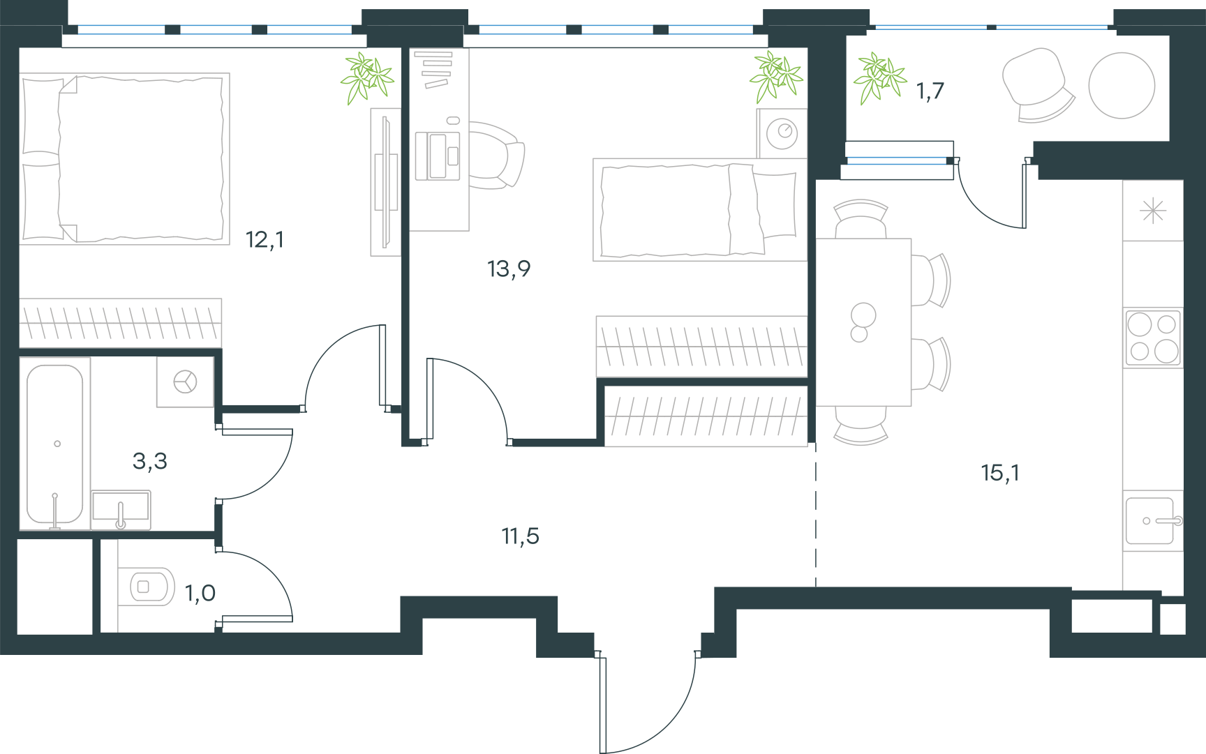 Официальная схема Левел Лесной, 58,6 м²