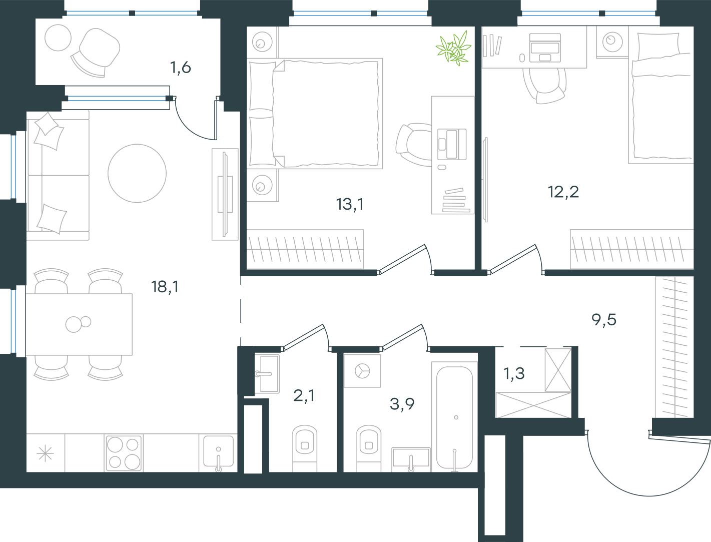 Официальная схема Левел Лесной, 61,8 м²