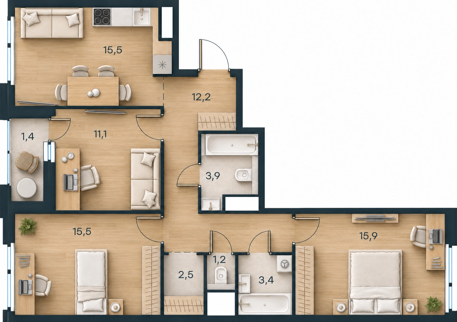 AI-иллюстрация 82,4 м². Материалы и меблировка показаны условно; официальный чертёж — в 2D.