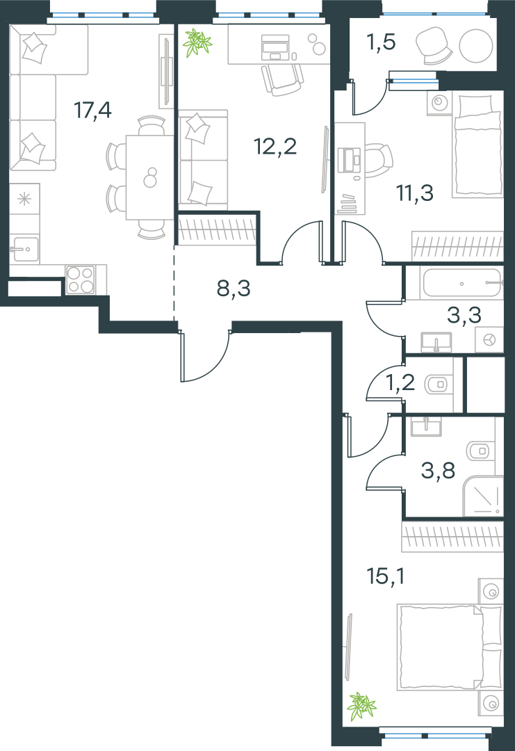 Официальная схема Левел Лесной, 74,2 м²