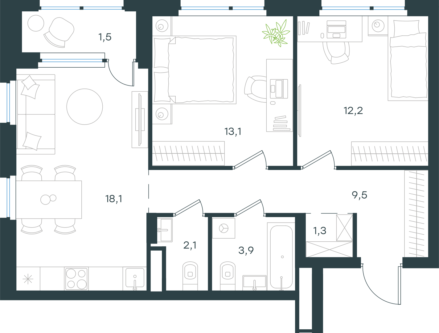 Официальная схема Левел Лесной, 61,7 м²