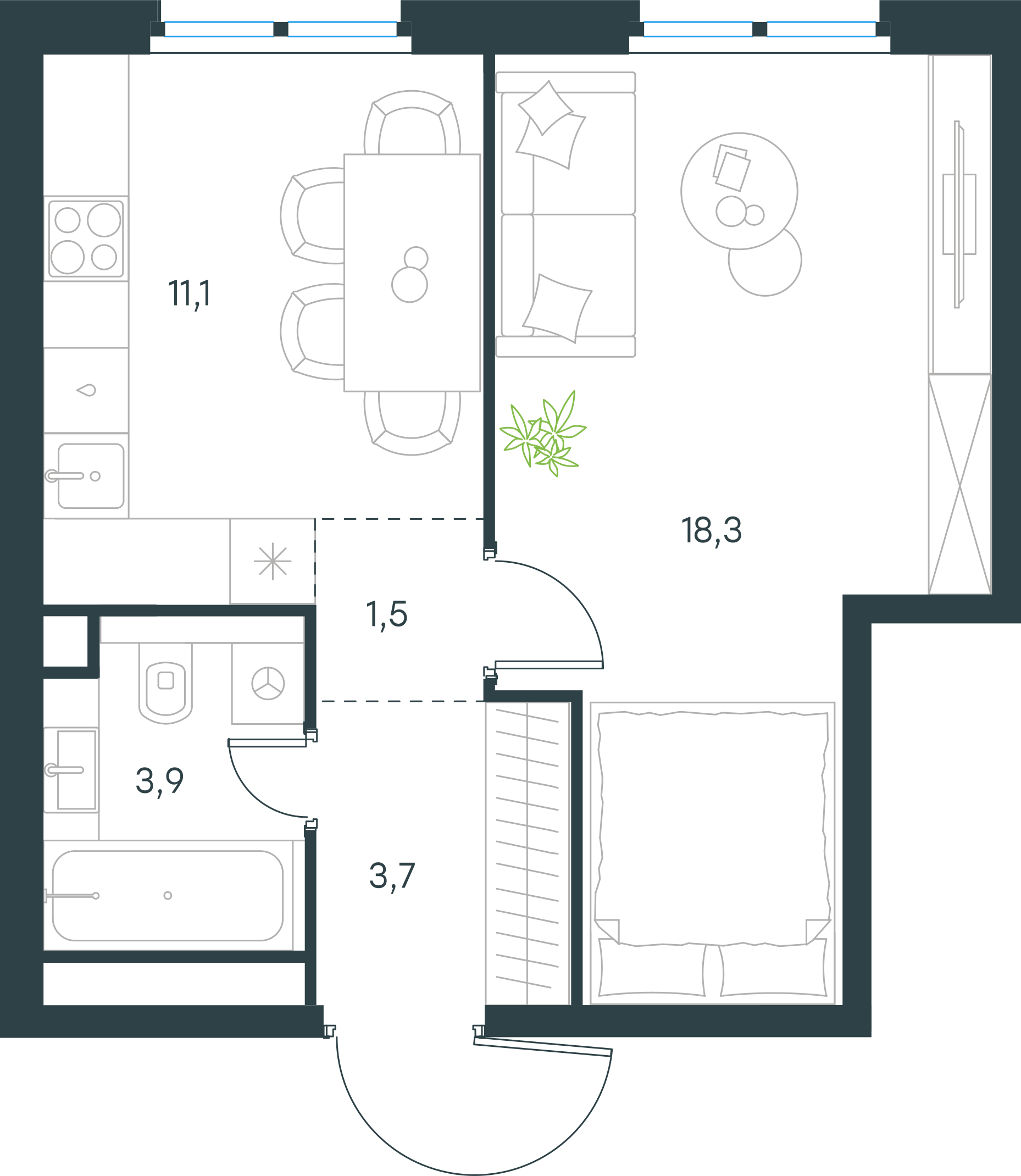 Официальная планировка Левел Нижегородская, 38,5 м²
