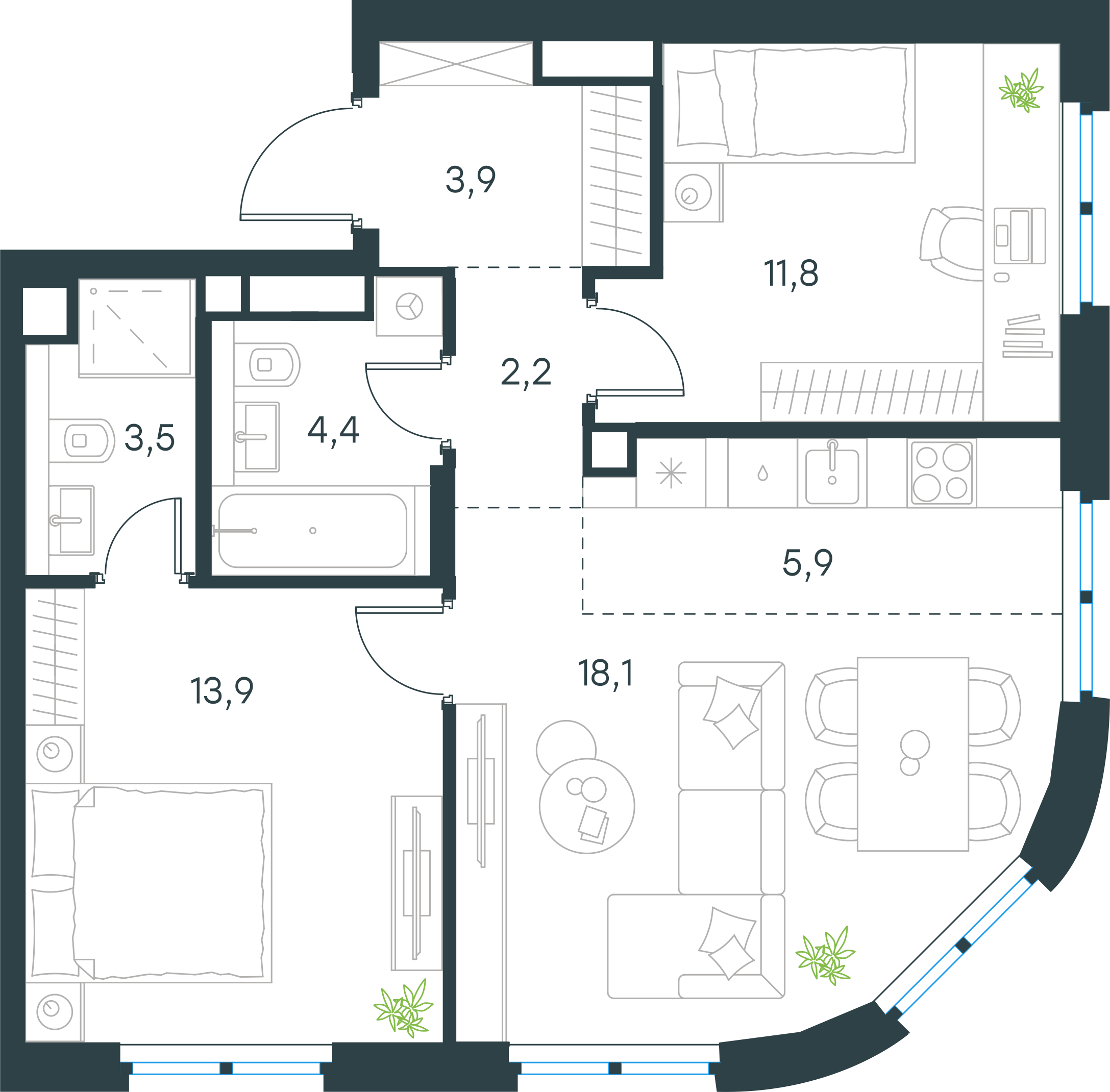Официальная планировка Левел Нижегородская, 63,7 м²