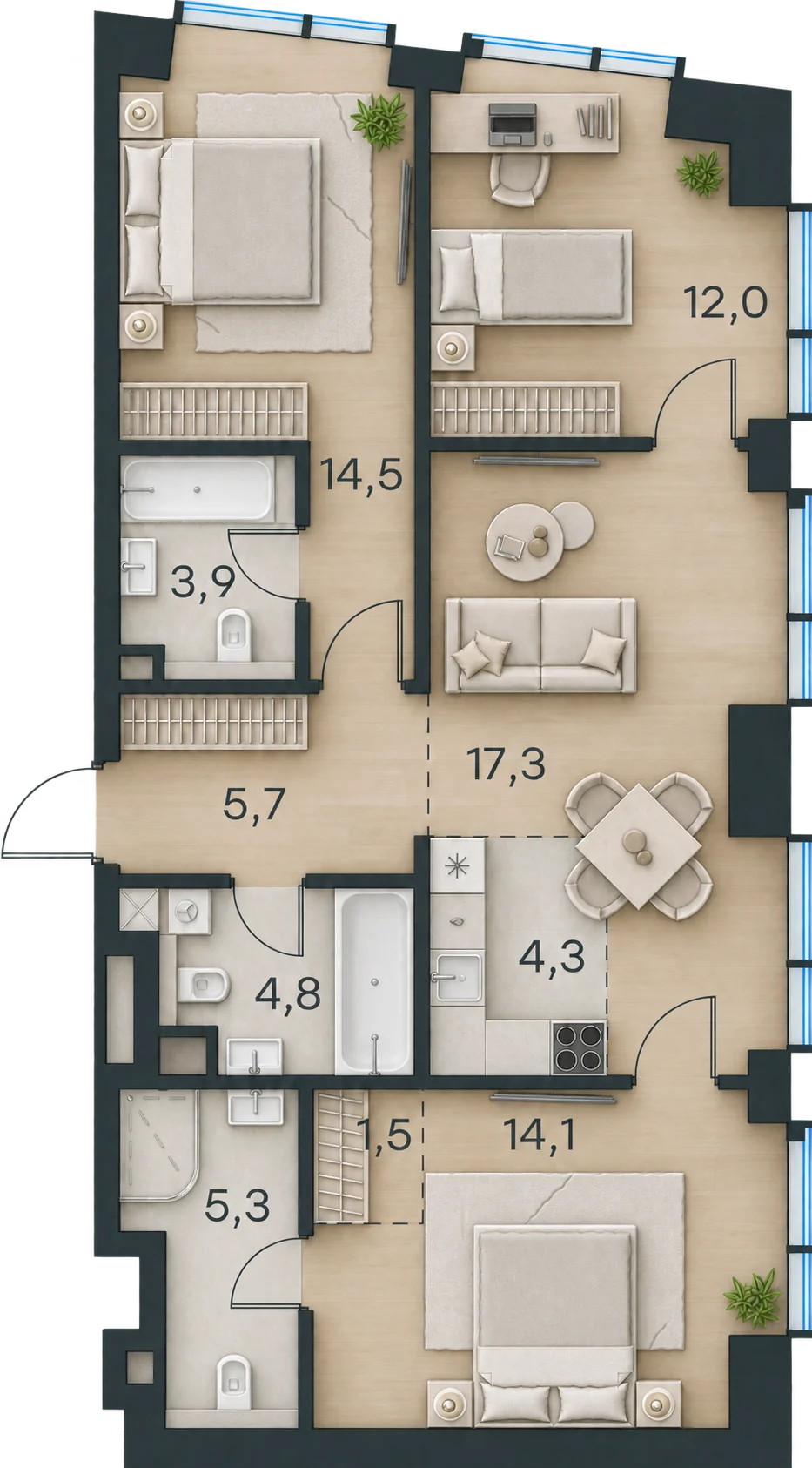 Планировка Level Павелецкая Сити, 83,4 м² — 3D AI-иллюстрация