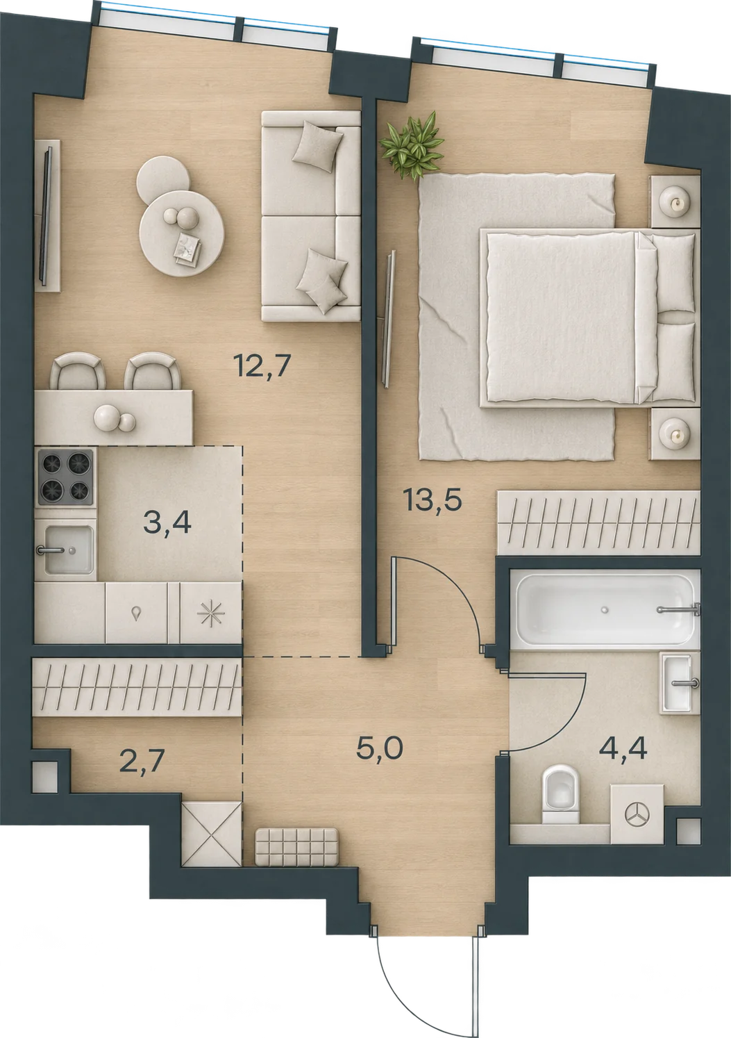 Планировка Level Павелецкая Сити, 41,7 м² — 3D AI-иллюстрация